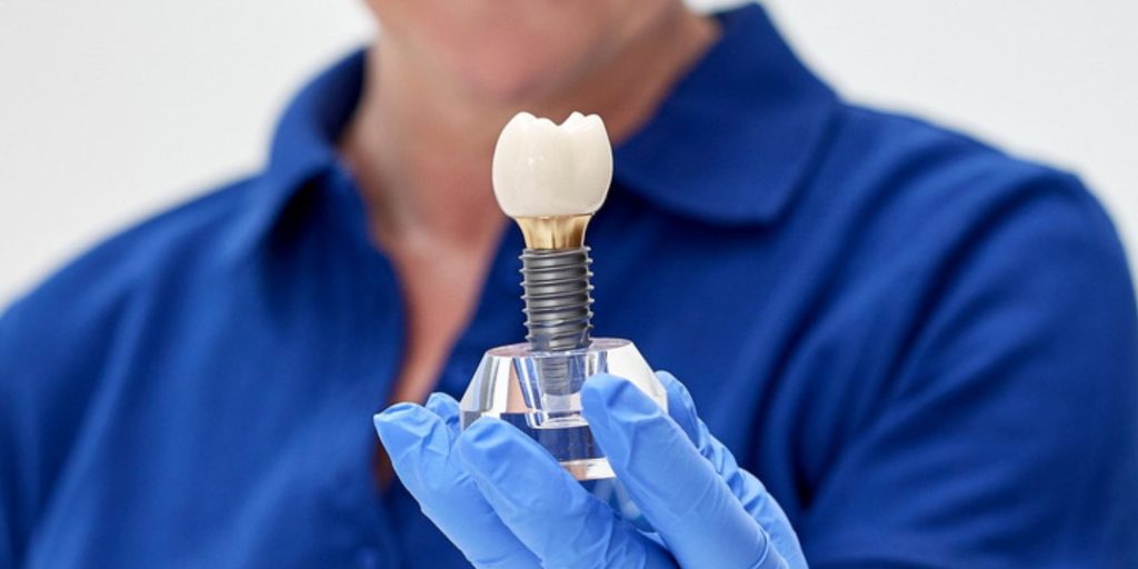 Model implantu z koroną protetyczną – koszt odbudowy zęba na implancie